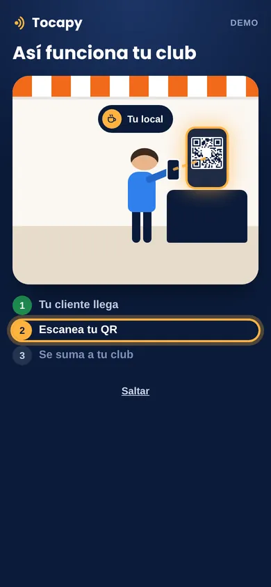 Pantalla real de la demo: tu cliente llega a tu local y escanea tu QR