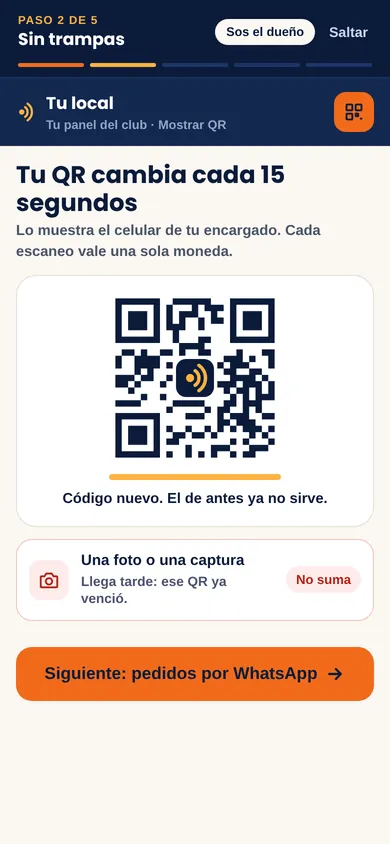 Pantalla real de la demo: el QR que cambia cada 15 segundos y la foto que no suma